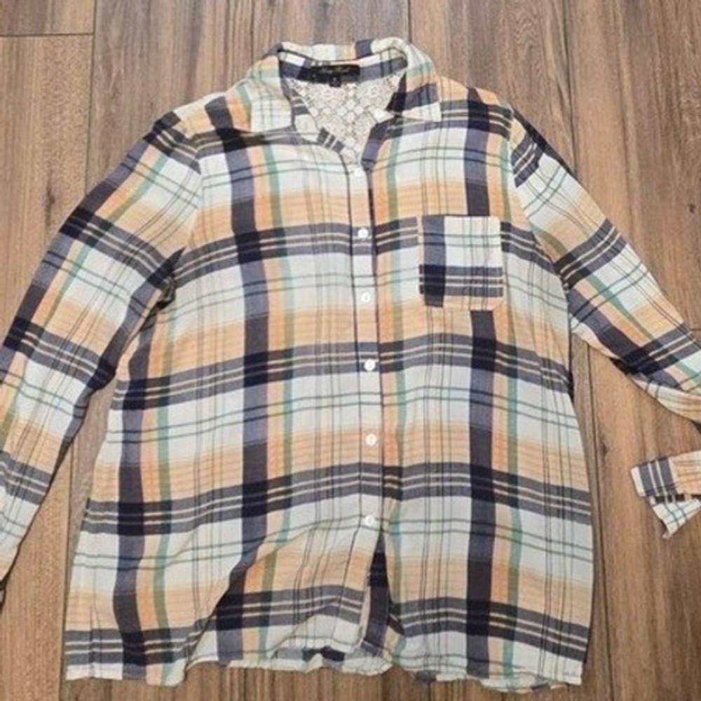 Honey Punch Plaid Button Down Shirt Lace Back Women's Size M Long Sleeve Casual